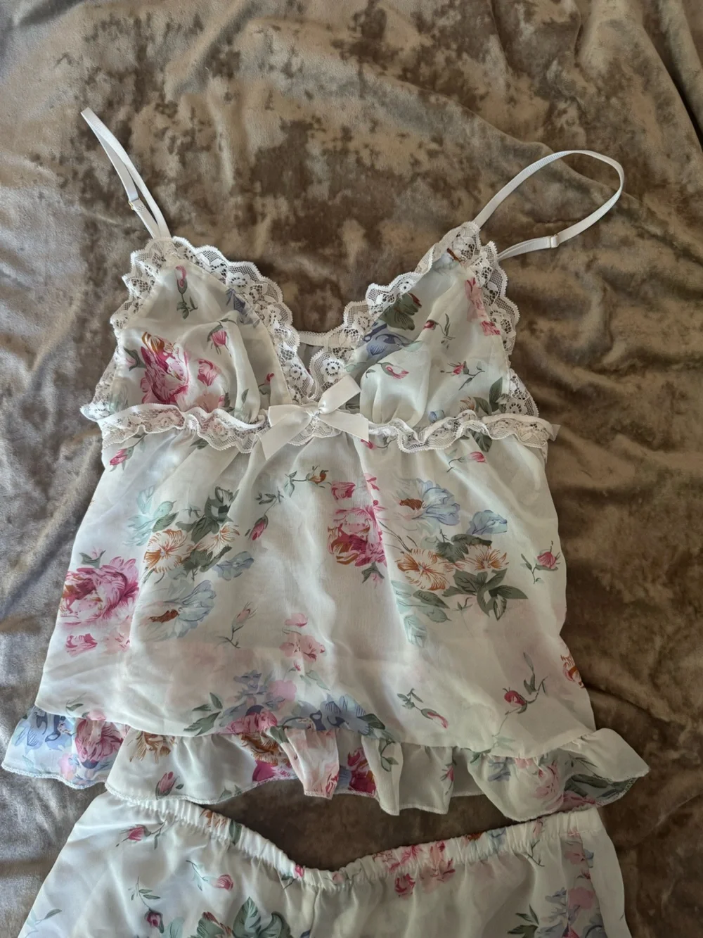 Floral Chiffon Pajama Set Co-ord Lace Camisole Shorts 2pc